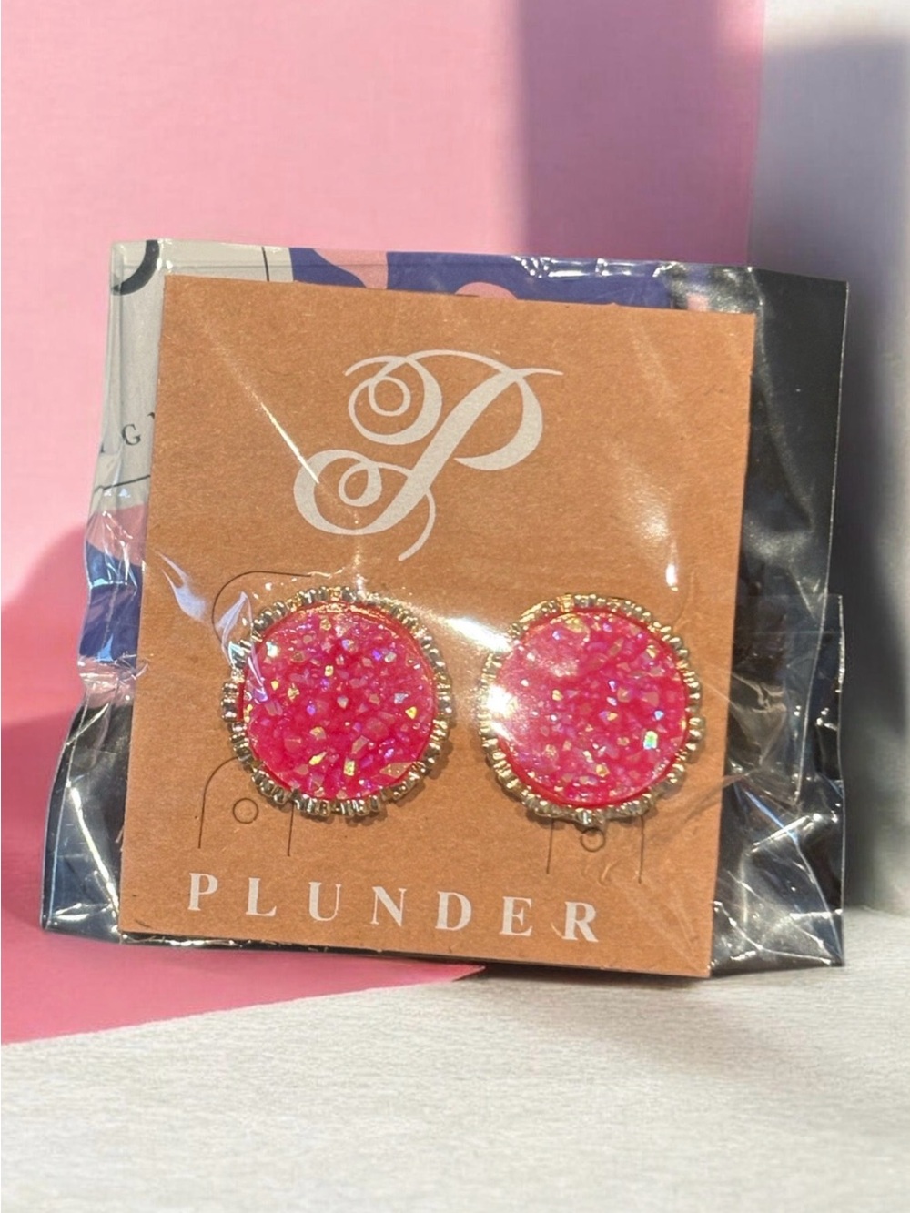 Plunder Pink Druzy Disc Stud Earrings in Gold-Tone Setting(v)